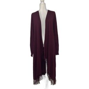 Neiman Marcus Women Open Front Waterfall Fringe Burgundy Duster Cardigan